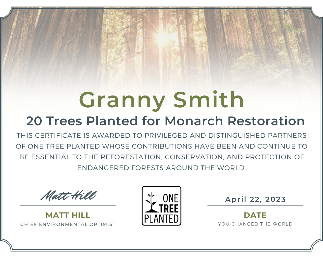 Monarch restoration tree certificate